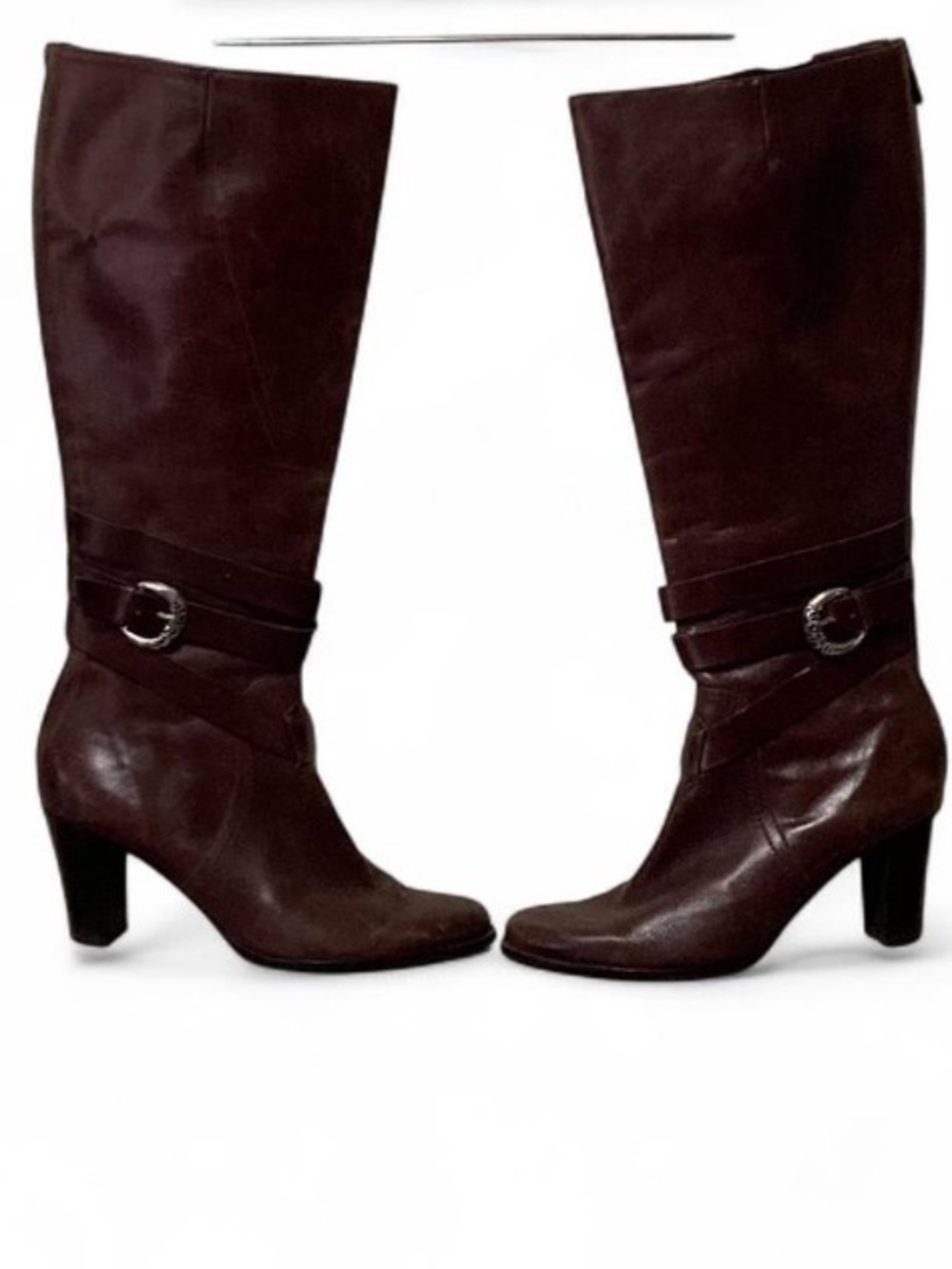 Brighton Brown Leather Classic High Heel Knee Boots With Western Hardware Accent